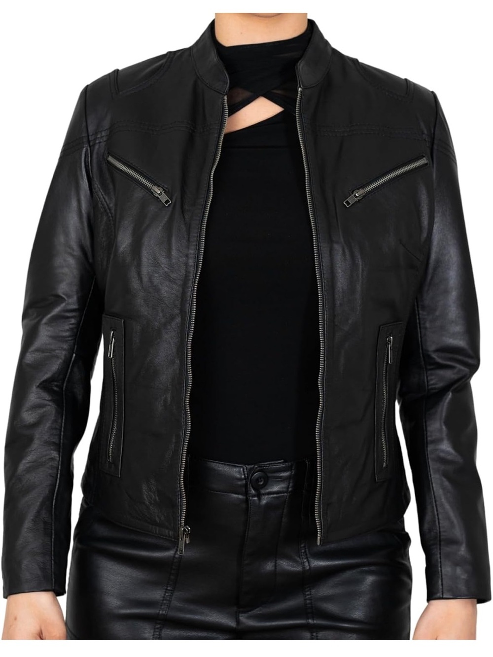 Women's Black Leather Zip-Front Jacket